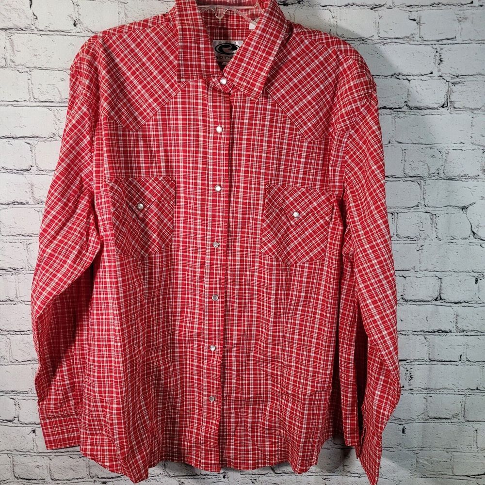 Roper Western Snap Shirt Mens 3X Red Plaid Excellent Pearl Snap Yoke Long Sleeve